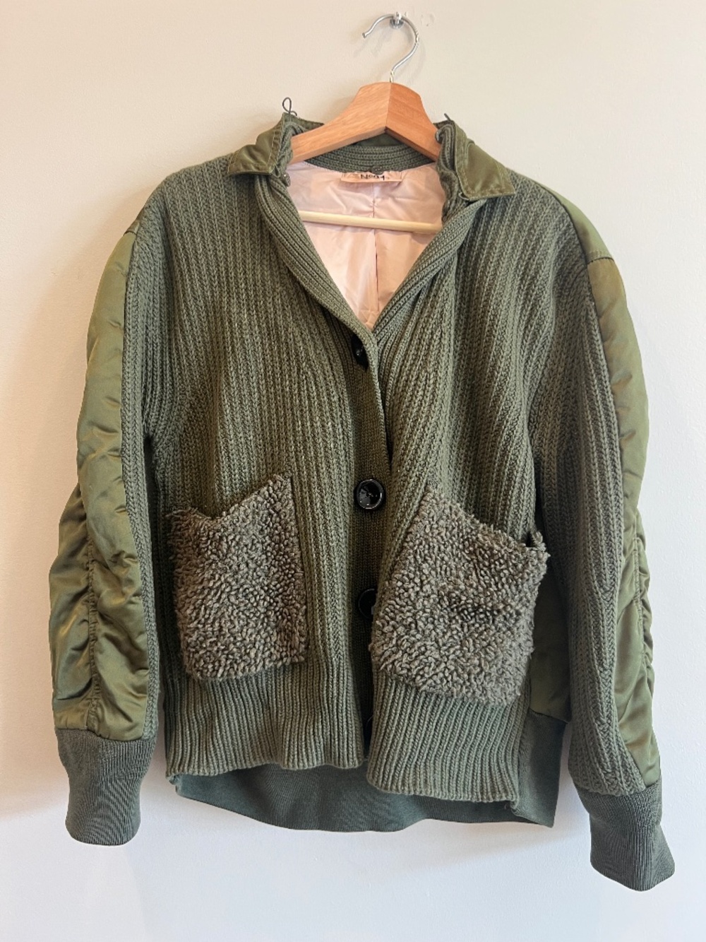N°21 Olive Mixed Media Hooded Knit Bomber Jacket Size 36